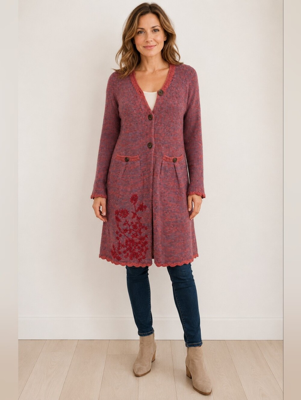 Sundance Embroidered Lambswool Blend Long Cardigan Sweater Coat L